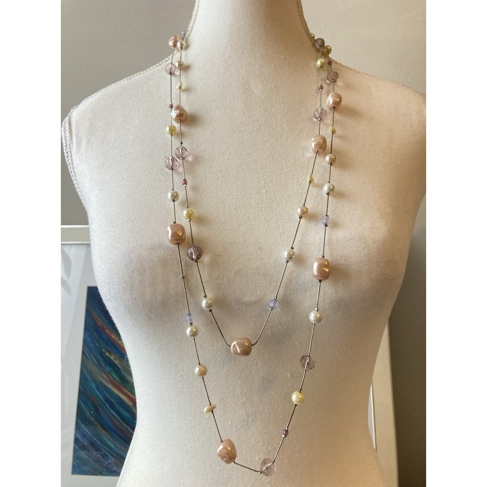 Long Pink Faux Pearl Beaded Necklace Romantic Crystal Station Layering Romantic